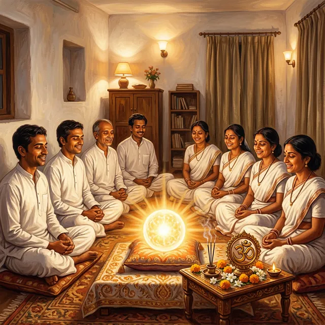 In the visual tradition of Ananda Marga spiritual movement. An intimate indoor scene of a General Darshan gathering. A small group of devotees — men in white kurtas and women in white saris — sit closely together on the floor in a simple room, faces glowing with warmth and devotion. At the front, a golden-white glowing orb of light rests on a low platform, radiating soft saffron-gold rays. Eyes are half-closed in listening contemplation. A small puja table with a golden Om symbol stands nearby. Warm incandescent lighting, simple whitewashed walls, no photographs on walls. Color palette: white, saffron, gold, warm earth tones. Intimate, warm, deeply personal. Highly detailed, illustrative painterly style.