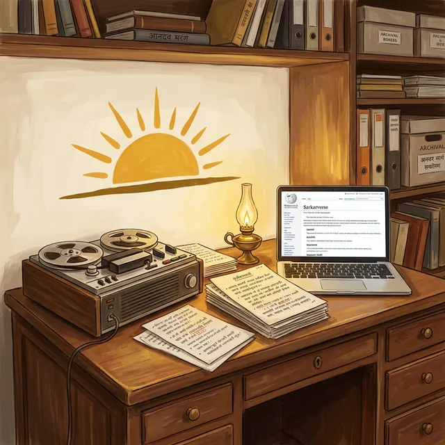 In the visual tradition of Ananda Marga spiritual movement. A modern scholarly workspace blending tradition with technology. An old wooden desk holds a vintage reel-to-reel tape recorder (representing original lecture recordings), beside a modern laptop screen showing a wiki-style database (Sarkarverse). Stacks of manuscript pages with handwritten Devanagari notes sit between them. A small brass oil lamp provides warm golden accent light. On the wall behind, a simple rising sun motif in saffron. No photographs or portraits. Color palette: warm earth tones, saffron accents, deep gold, white. Scholarly, meticulous, reverential. Highly detailed, illustrative painterly style.