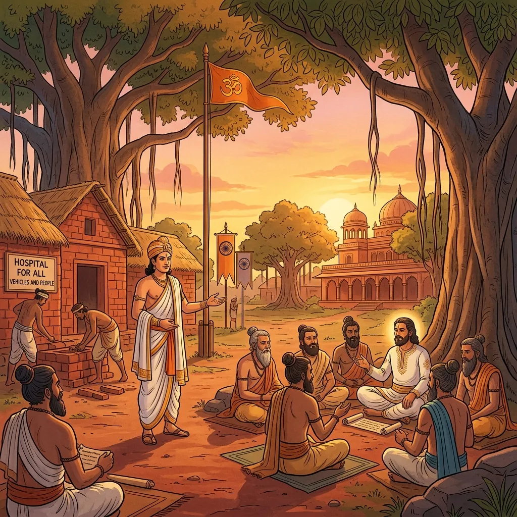 In the visual tradition of Ananda Marga spiritual movement, an illustration of Emperor Ashoka's peaceful reign. An ancient Indian palace setting with red laterite soil and banyan trees. A noble figure in simple regal attire oversees the building of a hospital for animals and people. A saffron flag with a golden Om symbol is visible. The atmosphere is immensely peaceful, bathed in warm sunset colors. The atmosphere is scientific yet deeply spiritual. Сonveying deep awareness and metaphysical presence.
