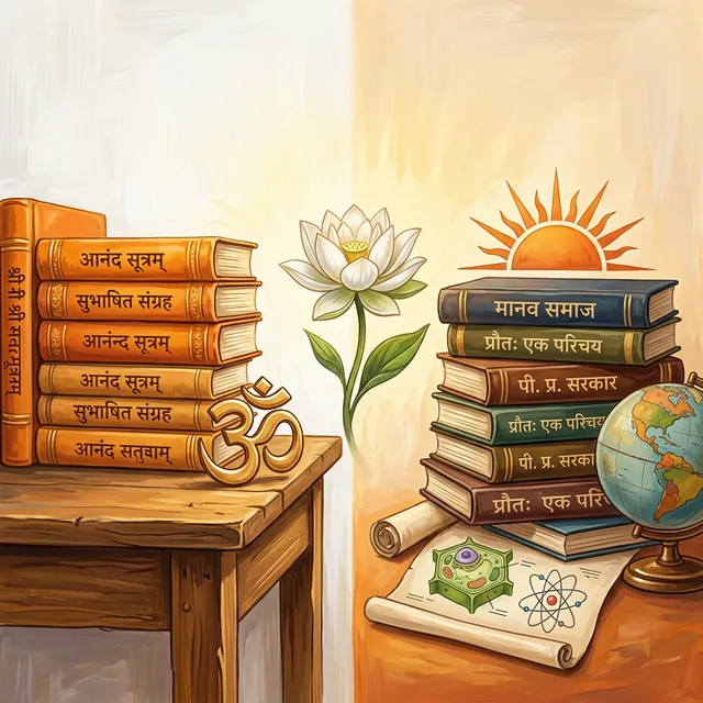 In the visual tradition of Ananda Marga spiritual movement. A warm, atmospheric split-composition illustration. On the left side: a stack of old hardcover books with saffron-orange spines, titled in Devanagari script, sitting on a simple wooden desk beside a golden Om symbol — representing spiritual writings of Shrii Shrii Anandamurti. On the right side: another stack of books with earth-toned covers, beside a globe, a scientific diagram, and a rising sun emblem — representing the secular works of P. R. Sarkar. Between them, a single white lotus in bloom connects both sides. Warm golden light, simple whitewashed wall background. No photographs or portraits. Illustrative painterly style, highly detailed.