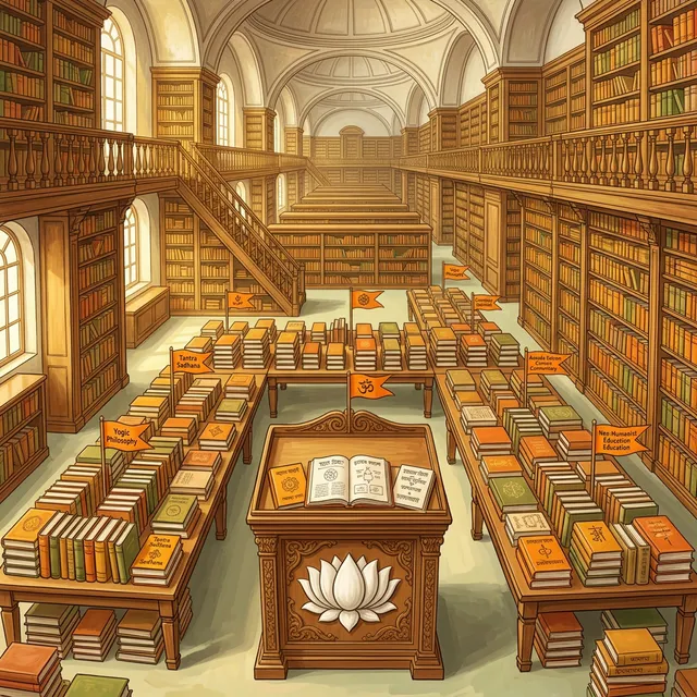 In the visual tradition of Ananda Marga spiritual movement. A grand, overhead view of an expansive library or archive room. Long wooden shelves stretch into the distance, filled with hundreds of books with saffron, gold, green, and earth-toned spines. On a large central table, books are organized into neat stacks with small saffron flags marking different categories. A warm golden light floods through tall arched windows. A white lotus motif is carved into the wooden lectern at the center. No photographs or portraits on walls. The scene conveys the immense scale of 260+ volumes. Color palette: saffron, gold, warm wood tones, white, soft green. Grand, scholarly, reverential. Highly detailed, illustrative painterly style.