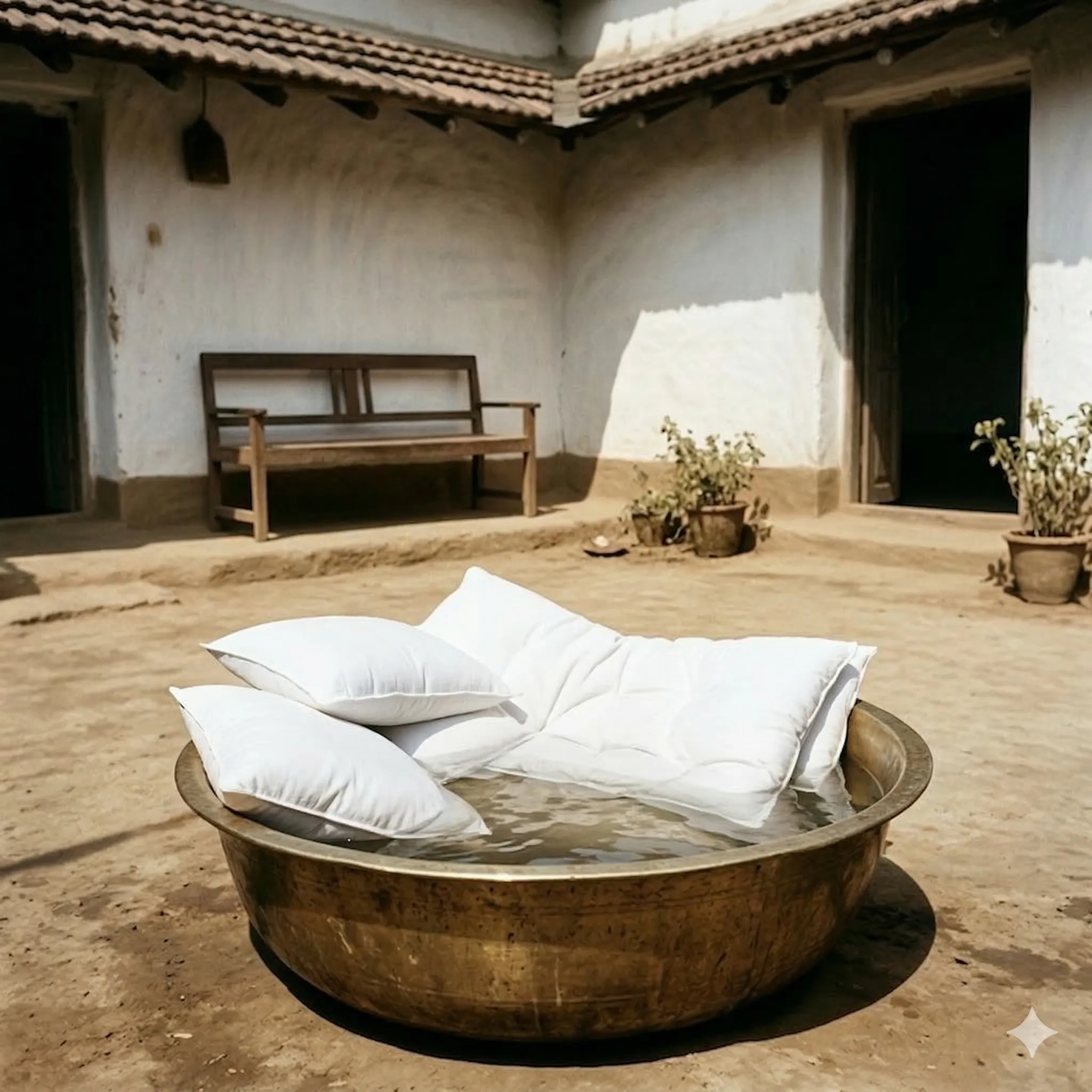 In the visual tradition of Ananda Marga spiritual movement. A scene set in a 1930s Indian village courtyard representing a stance against the caste system. A simple cotton mattress and pillows are being submerged in a large brass basin of water. The courtyard features earthen floors, whitewashed walls, and warm Bengal sunlight casting strong shadows. Nearby, a simple wooden bench stands empty. In the background, a person in simple white rural clothing (a marginalized layperson) stands with dignity, no longer forced into submissive postures. The atmosphere is grounded, deeply humanistic, and equalizing. Colors feature warm earth tones, pure white, and bright natural light representing the cleansing of dogmas. No human depiction of Baba.