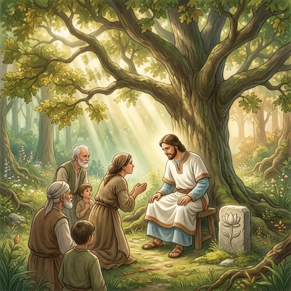 In the visual tradition of Ananda Marga spiritual movement, an illustration of purely merciful medieval rule. A king in simple white and soft blue tunics sits under a large oak tree in a forest, personally listening to the grievances of poor peasants and delivering just verdicts. The lighting is ethereal, golden-white sunlight filtering through the green oak leaves, creating a scene of absolute justice and humility. The atmosphere is scientific yet deeply spiritual. Сonveying deep awareness and metaphysical presence.