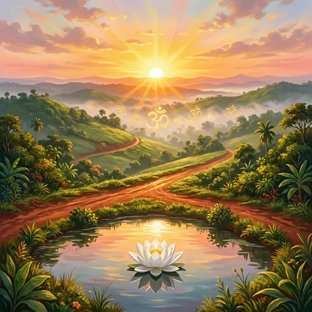 In the visual tradition of Ananda Marga spiritual movement. A majestic sunrise panorama over the rolling green hills of the Rarh region in Bengal. The first rays of a saffron-golden sun break over the horizon, casting long warm light across red laterite soil paths and lush tropical vegetation. In the foreground, a single white lotus floats on a still pond reflecting the sunrise. Faint golden Om symbols shimmer in the morning mist. The scene represents the dawn of a new era of spiritual understanding. No human figures, no photographs. Color palette: saffron, deep gold, soft green, warm earth tones, sunrise pink. Hopeful, grand, transformative. Highly detailed, illustrative painterly style.
