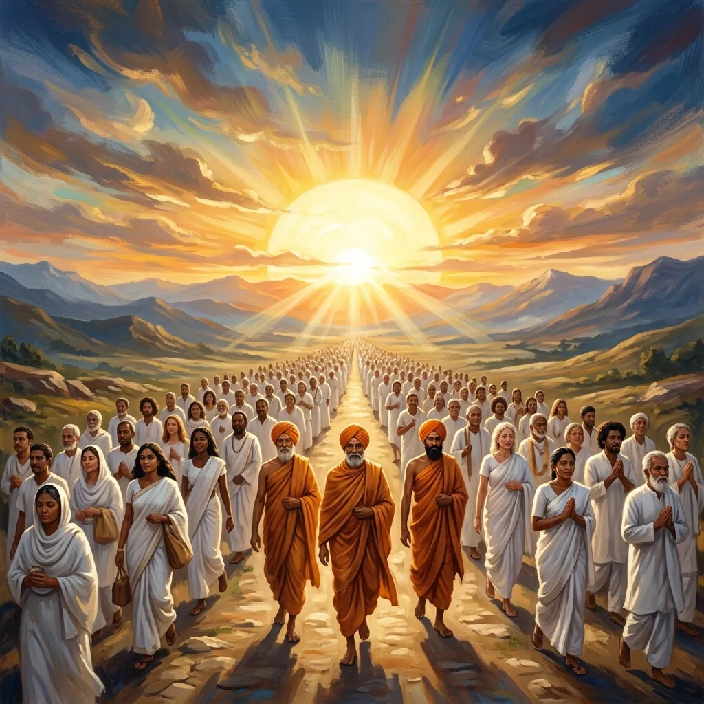 In the visual tradition of Ananda Marga spiritual movement, a final, uplifting vision of humanity's destination. An endless procession of diverse, joyous people in white garments, led by ascetic monks in saffron and orange turbans, walking toward a brilliant, massive rising sun on the horizon. The sky is filled with warm golden, orange, and deep blue colors. The profound feeling of cosmic dawn, absolute spiritual victory, and eternal peace. The atmosphere is scientific yet deeply spiritual. Сonveying deep awareness and metaphysical presence.