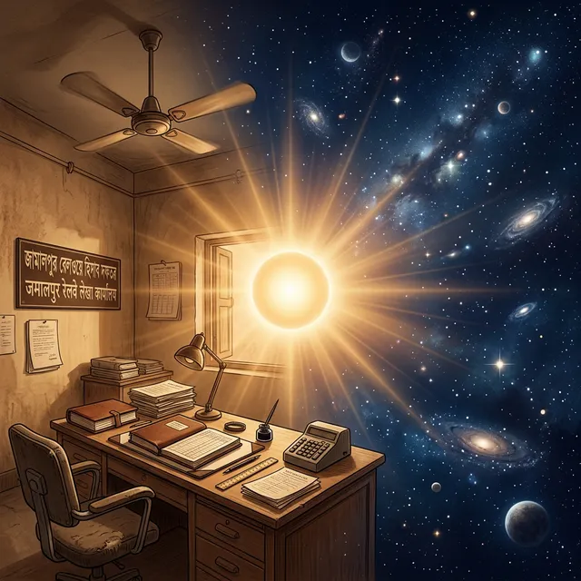 In the visual tradition of Ananda Marga spiritual movement. An evocative dual-concept illustration set in 1950s Jamalpur, India. On one side, elements of an ordinary Indian railway accounting office: a simple wooden desk, ledgers, ink, and a ceiling fan in warm sepia tones. Expanding upward and outward from the desk into the other side of the image is a breathtaking, expansive cosmic sky in deep indigo and dark blue, illuminating the universe. At the center, bridging the ordinary and the cosmic, is a radiant, warm golden-white glowing orb of light representing the spiritual master Baba, emanating soft saffron-gold rays. No human depiction of Baba. No photographs in the scene. The atmosphere is intellectual, spiritual, and deeply peaceful, highlighting the contrast between mundane office work and infinite cosmic consciousness.
