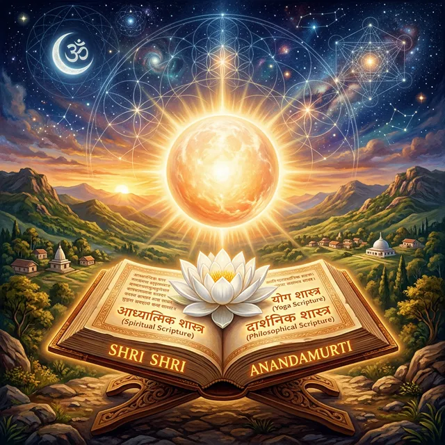 In the visual tradition of Ananda Marga spiritual movement. An epic, visually stunning composition representing the 'Trishastra' (threefold scripture) and the vast legacy of Shrii Shrii Anandamurti. At the center, a radiant, warm golden-white glowing sphere of light hovers above a large, open ancient book with glowing saffron Devanagari script. A magnificent white lotus flower in full bloom rests on the pages. The background features a majestic sunrise over the green hills of Ananda Nagar (Rarh region) transitioning into a cosmic, deep indigo starry sky with sacred geometry patterns, symbolizing the union of the physical and spiritual realms. Soft golden rays emanate from the central orb, illuminating the scene. No human figures. No photographs. Color palette: deep indigo, saffron orange, pure white, deep gold, warm earth tones. Grand, scholarly, deeply spiritual, highly detailed, illustrative painterly style.