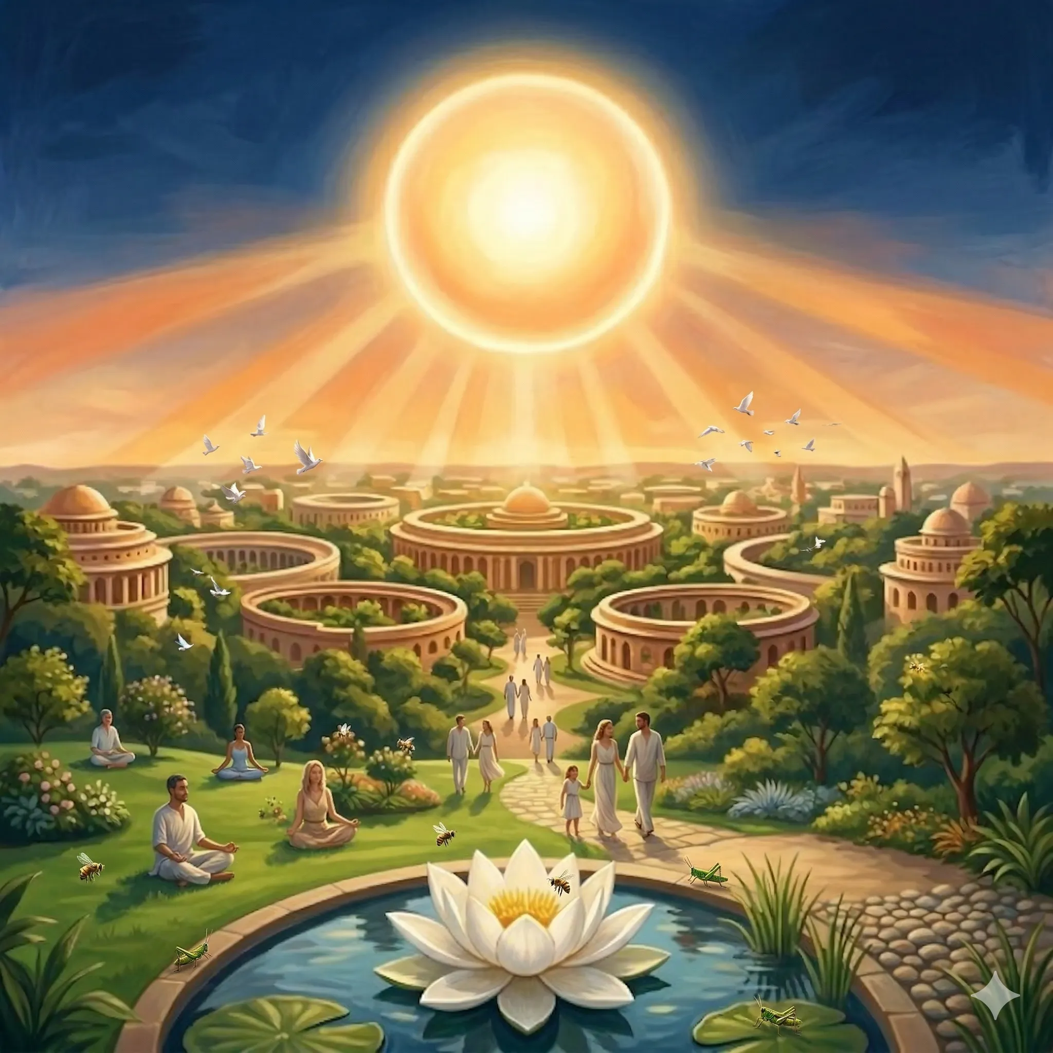 In the visual tradition of Ananda Marga spiritual movement, an epic, wide-angle cinematic illustration representing the benevolent rule of an enlightened spiritual leader (Sadvipra). A majestic, warm golden-white glowing orb of light shines brightly in the sky above a harmonious, prosperous society. Below, ethnically diverse lay followers in white clothing and monks in saffron robes with orange turbans are working together joyfully to build a beautiful, sustainable city with circular architecture and lush green nature. The scene is bathed in golden hour sunlight, with deep blue skies, conveying immense hope, justice, and spiritual progress. A large white lotus blooms in a serene pool in the foreground. The atmosphere is scientific yet deeply spiritual. Сonveying deep awareness and metaphysical presence.