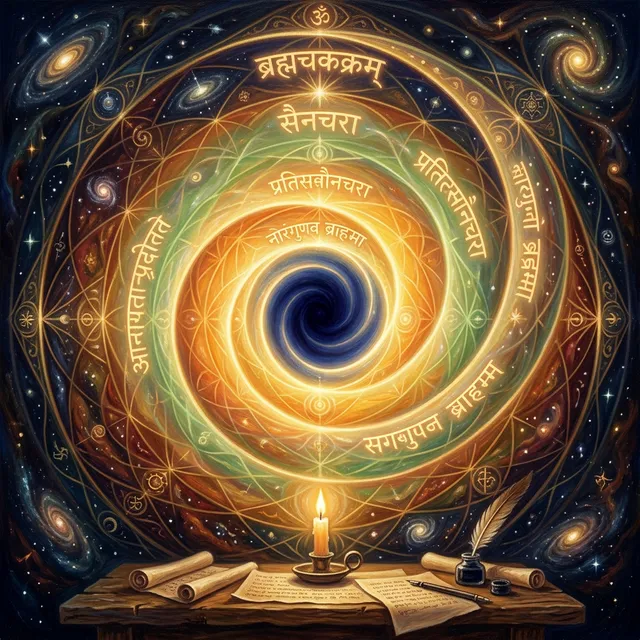 In the visual tradition of Ananda Marga spiritual movement. A mystical, luminous illustration of the Brahma Chakra (Cosmic Cycle). A grand spiral emanating from a deep indigo center (Nirguna Brahma — the unmanifested), expanding outward through layers of deep gold, saffron-orange, soft green, and earth tones — representing the manifestation of consciousness into matter (Saincara) and its return journey (Pratisaincara). Ancient Sanskrit sutras float as faintly glowing golden Devanagari text along the spiral paths. A single candle flame illuminates the scene from below, evoking a midnight dictation session. No human figures, no photographs. Color palette: deep indigo, gold, saffron, warm earth tones. Sacred geometry style, highly detailed, illustrative painterly.
