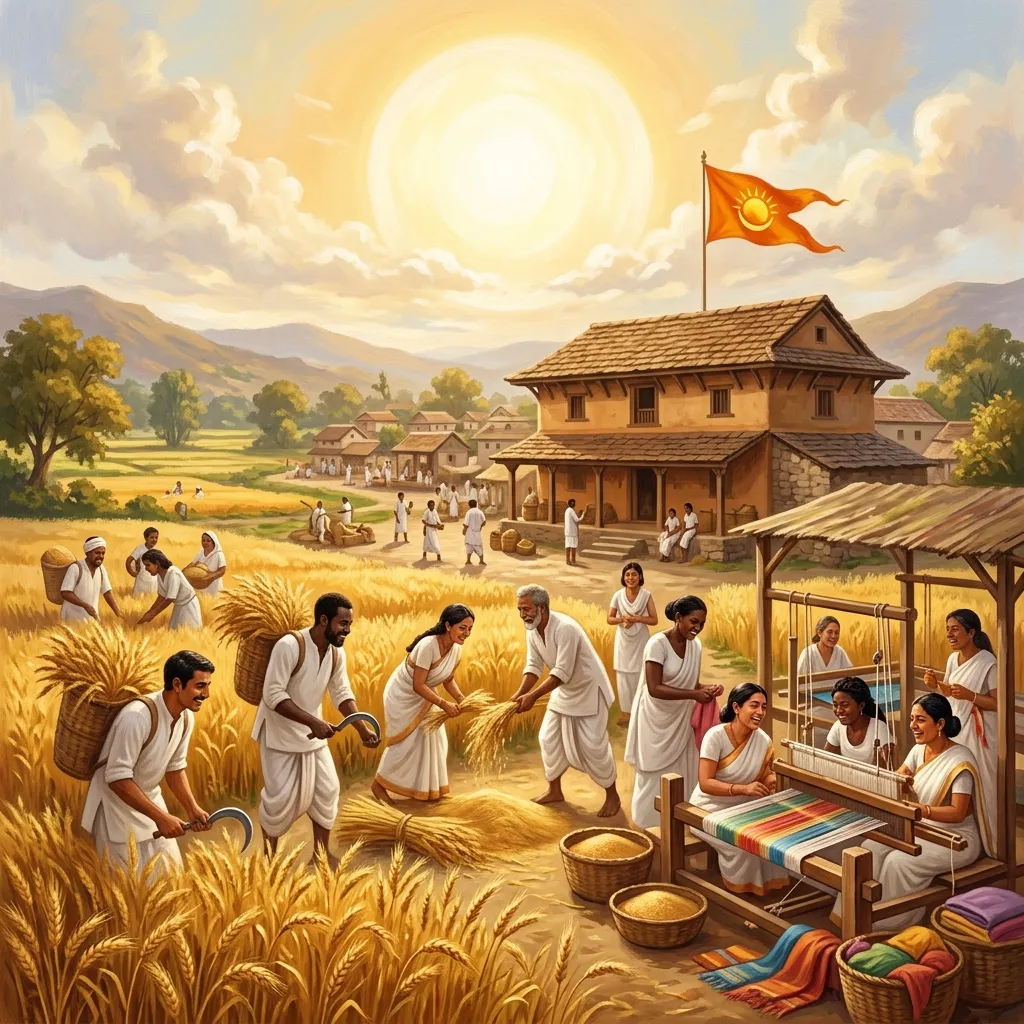 In the visual tradition of Ananda Marga spiritual movement, an idyllic depiction of economic decentralization and abundance. Local cooperatives at work: diverse villagers are joyfully gathering grain, weaving cloth, and sharing resources equally. A saffron flag with a rising sun flies over the communal storehouse. The feeling is grounded, secure, and deeply human. Warm earth tones, golden wheat, and pure white clothing. The atmosphere is scientific yet deeply spiritual. Сonveying deep awareness and metaphysical presence.