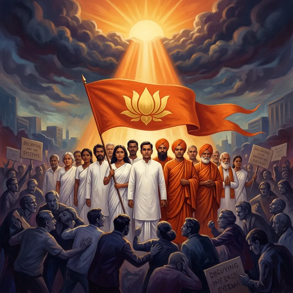 In the visual tradition of Ananda Marga spiritual movement, a conceptual illustration of moral guidance overriding chaos. A steady, guiding light from a bright golden sun cuts through a chaotic, noisy crowd of shadowy figures arguing. In the center, a calm, resolute group of ethnically diverse leaders in white garments and monks in saffron robes stand firm, holding a banner with a golden lotus, bringing order and cosmic justice. Saffron and deep blue lighting. The atmosphere is scientific yet deeply spiritual. Сonveying deep awareness and metaphysical presence.