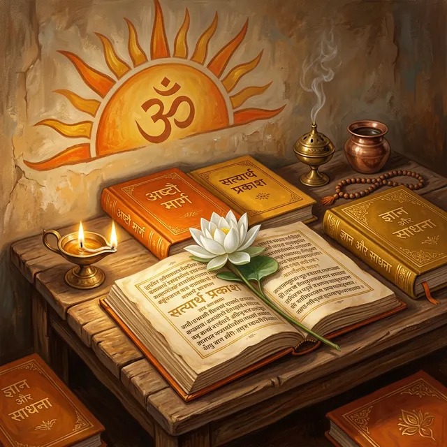 In the visual tradition of Ananda Marga spiritual movement. A warm, atmospheric still-life illustration of sacred texts. Several old hardcover books with saffron-orange and deep gold covers arranged on a low wooden table, some open with pages showing golden Devanagari script. A white lotus flower lies across the open pages. Beside the books, a small brass oil lamp (diya) casts flickering warm golden light. A rising sun motif painted on the wall behind in saffron tones. No photographs, no Pratik. The scene evokes reverence, study, and devotion. Color palette: saffron, deep gold, warm earth tones, white. Highly detailed, illustrative painterly style.