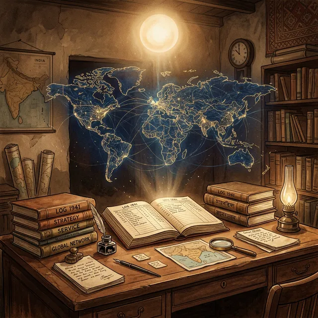In the visual tradition of Ananda Marga spiritual movement. An atmospheric illustration of an early 1940s Indian office desk representing vast intellect and strategic vision. The desk is covered with neat ledger books, an inkwell, and a magnifying glass. Above the desk, floating in the air, is a subtle, luminous, abstract map of the world in glowing deep blue and gold lines, symbolizing cosmic consciousness and encyclopedic knowledge. A warm, golden-white glowing orb of light, representing Baba's presence, gently illuminates the map and the ledgers. The setting has a vintage, documentary style with muted film grain and sepia warmth, evoking a sense of hidden depths, intelligence, and a quiet but massive global impact. No human depiction of Baba. No photographs.