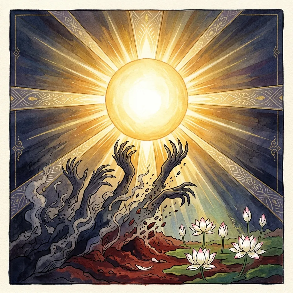 In the visual tradition of Ananda Marga spiritual movement, a symbolic scene of light dispelling corruption. A glowing, golden-white orb of pure spiritual energy burns brightly, causing shadowy, grasping hands of greed to physically retreat and dissolve into the earth. Beautiful white lotus flowers bloom immediately in the purified soil left behind. Rich contrast between deep indigo shadows and brilliant golden light. The atmosphere is scientific yet deeply spiritual. Сonveying deep awareness and metaphysical presence.