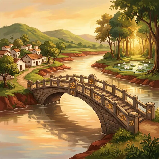 In the visual tradition of Ananda Marga spiritual movement. A tranquil illustration symbolizing ethical transformation. A stone bridge arching over a calm river, connecting two shores: one side features a bustling village with simple whitewashed buildings (social life), the other side a serene forest clearing bathed in golden light with a white lotus pond (spiritual life). On the bridge itself, carved symbols of Om in saffron-gold line the railings. The river reflects warm golden-hour sky. Rolling green hills of the Rarh region in the background, red laterite soil visible on the banks. No human figures, no photographs. Color palette: warm earth tones, saffron, gold, soft green, white. Symbolic, peaceful, highly detailed, illustrative painterly style.
