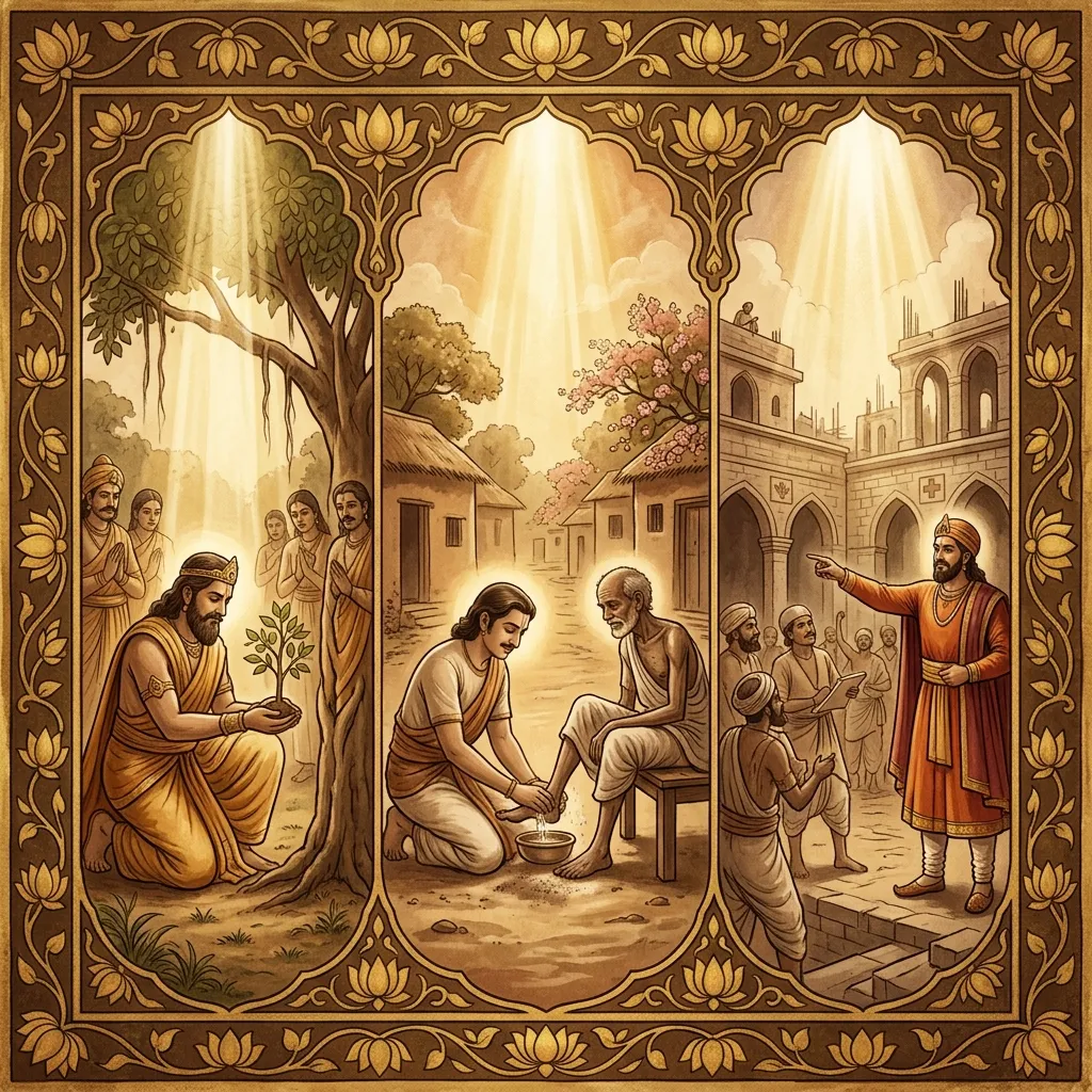 In the visual tradition of Ananda Marga spiritual movement, a historical montage showing virtuous rulers of the past guided by cosmic light. A mosaic of scenes: a king planting a tree, a ruler washing the feet of a beggar, and an emperor building a hospital. All scenes are bathed in a unifying warm golden light, with lotus motifs framing the composition. Deep earth tones, sepia, and gold. The atmosphere is scientific yet deeply spiritual. Сonveying deep awareness and metaphysical presence.