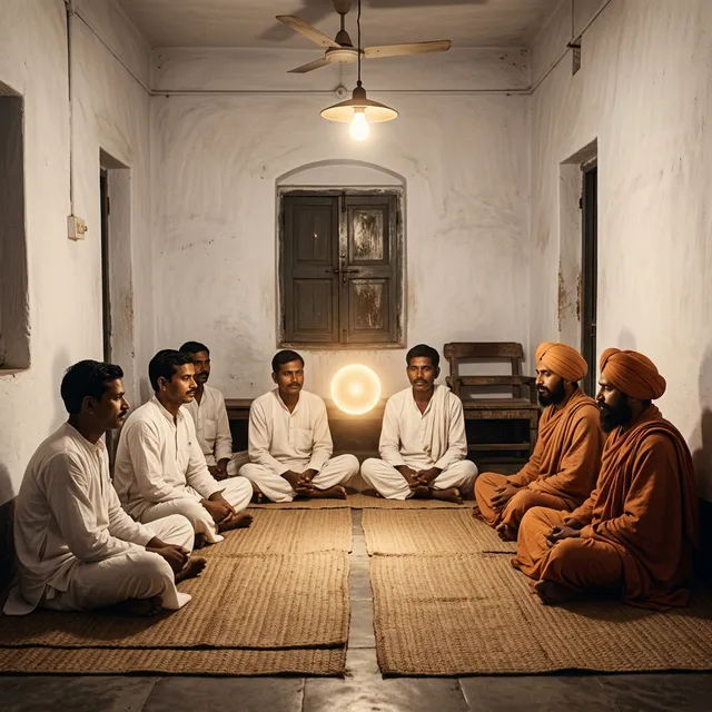 In the visual tradition of Ananda Marga spiritual movement, 1955 era. A small group of Indian men in simple white dhotis and white kurtas gathered in a modest whitewashed room in Jamalpur, a railway town in Bihar, India. They sit on jute mats on the floor around a warm golden-white glowing sphere of light that hovers gently at the center of the gathering, symbolizing the Guru's spiritual presence. One or two men in saffron-orange robes (early acharyas/monks with orange turbans) sit nearby, faces lit by the orb's soft glow. A dim incandescent bulb casts warm golden light. Simple wooden furniture, a ceiling fan, an old-fashioned Indian window with wooden shutters. No photographs or portraits anywhere. Warm sepia undertones, slightly grainy vintage film aesthetic. Documentary-style, authentic, historically grounded. Color palette: white, warm earth tones, touches of saffron. Highly detailed, illustrative painterly style.