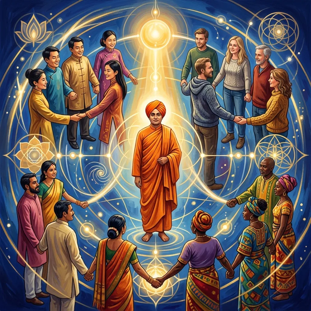In the visual tradition of Ananda Marga spiritual movement, a dynamic illustration of social balance. Four distinct groups of people representing different skills are arranged in a balanced, harmonious circle, holding hands. In the center, a monk in saffron robes stands calmly, ensuring no one group dominates. The scene is illuminated by a central, warm golden-white light falling from above. The atmosphere is scientific yet deeply spiritual. Сonveying deep awareness and metaphysical presence.