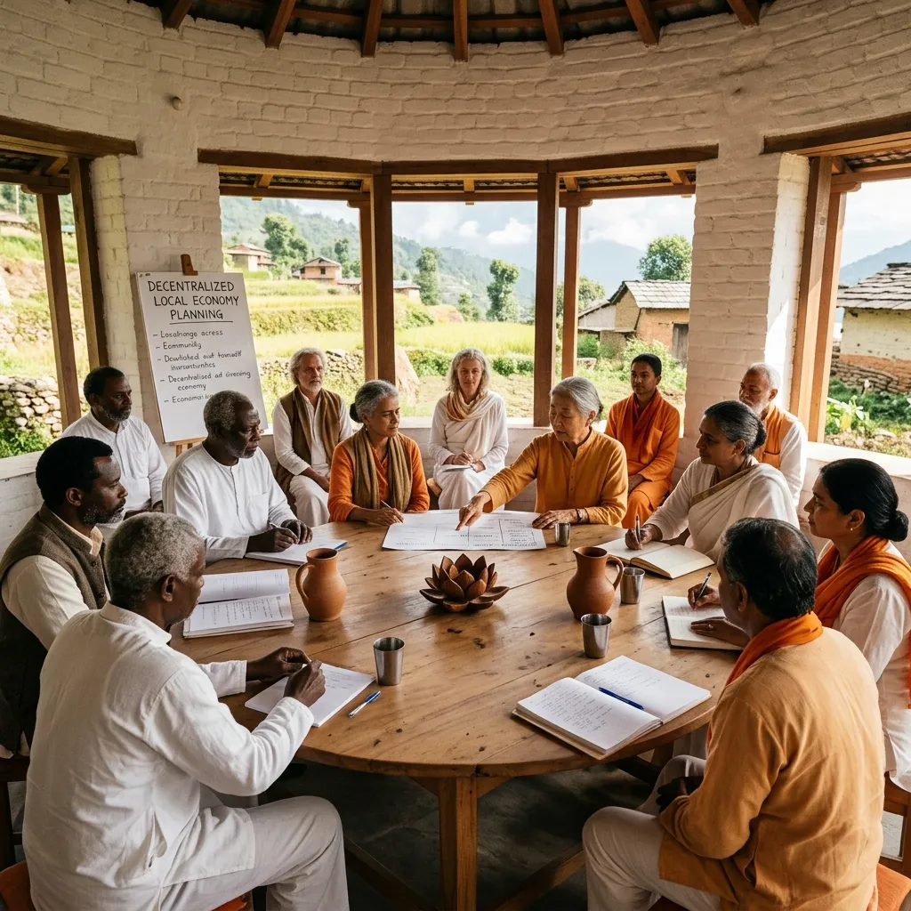 In the visual tradition of Ananda Marga spiritual movement, a harmonious council meeting of Sadvipra Boards. A diverse group of wise men and women in clean white and saffron clothing sit in a circular open-air hall with whitewashed walls. They are calmly discussing plans for a decentralized, localized economy. Maps and agricultural tools are on the table alongside a small sculpted lotus. Sun shines warmly through the columns. Earth tones, saffron, and white. The atmosphere is scientific yet deeply spiritual. Сonveying deep awareness and metaphysical presence.