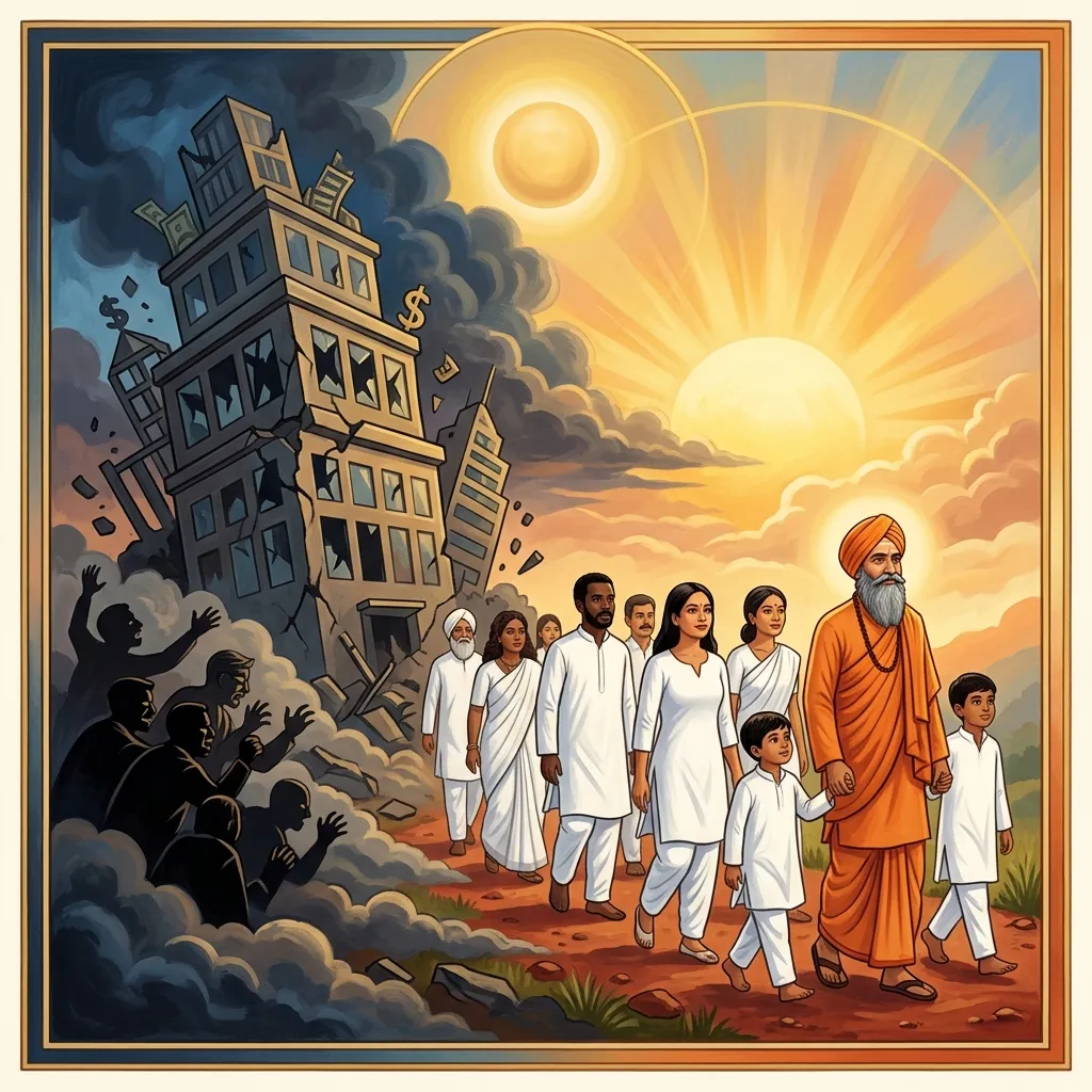 In the visual tradition of Ananda Marga spiritual movement, a symbolic illustration contrasting a crumbling, corrupt old system with a rising spiritual dawn. On one side, shadowed silhouettes of greedy figures surround a collapsing gray structure. On the other side, a radiant rising golden sun disperses the darkness, illuminating a path where an ethnically diverse group of people in white clothing is guided by a calm monk in saffron robes toward a bright future. Warm gold, deep blue, and white color palette. The atmosphere is scientific yet deeply spiritual. Сonveying deep awareness and metaphysical presence.