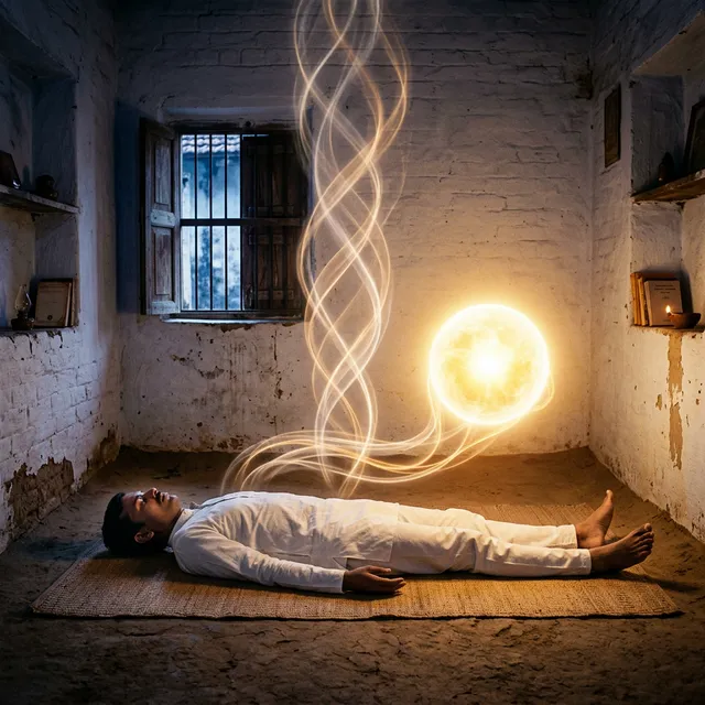 In the visual tradition of Ananda Marga spiritual movement. A powerful, mystical yet grounded scene inside a simple 1950s whitewashed room in Rampur Colony, India. In the center, a lay devotee dressed in clean white clothes lies peacefully on a mat, completely still, representing a state of suspended life energies. Above his chest, five subtle glowing strands of energy (prana, apana, samana, udana, vyana) in soft white and gold colors gently swirl upward. Beside him, radiating immense warmth and cosmic power, is a brilliant golden-white glowing orb of light, representing Baba's presence, touching the energy strands to guide them. The room is dimly lit, with deep indigo shadows and warm saffron light emanating from the orb. The atmosphere is scientific yet deeply spiritual. No human depiction of Baba. No photographs.