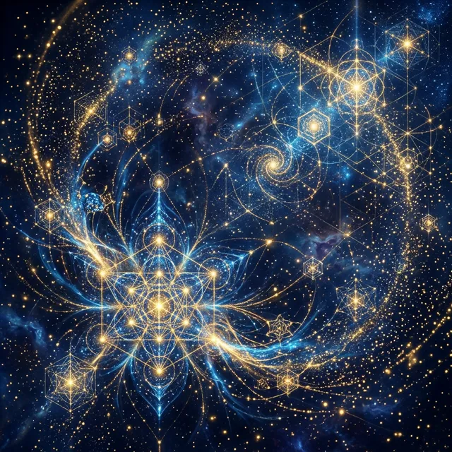 In the visual tradition of Ananda Marga spiritual movement. An abstract, visually stunning representation of 'Microvita', bridging matter and pure consciousness. Glowing, intricate microscopic cosmic particles forming complex geometric lattice patterns, shimmering like tiny points of light in a deep space background. The composition feels like quantum physics meeting spiritual energy. Absolutely no bacteria or organic biological cell shapes. Luminous, precise, and ethereal. Color palette: electric blue, gold, pure white light particles on a deep indigo and dark blue background. Sci-fi spiritual aesthetic, highly detailed, illustrative painterly style.