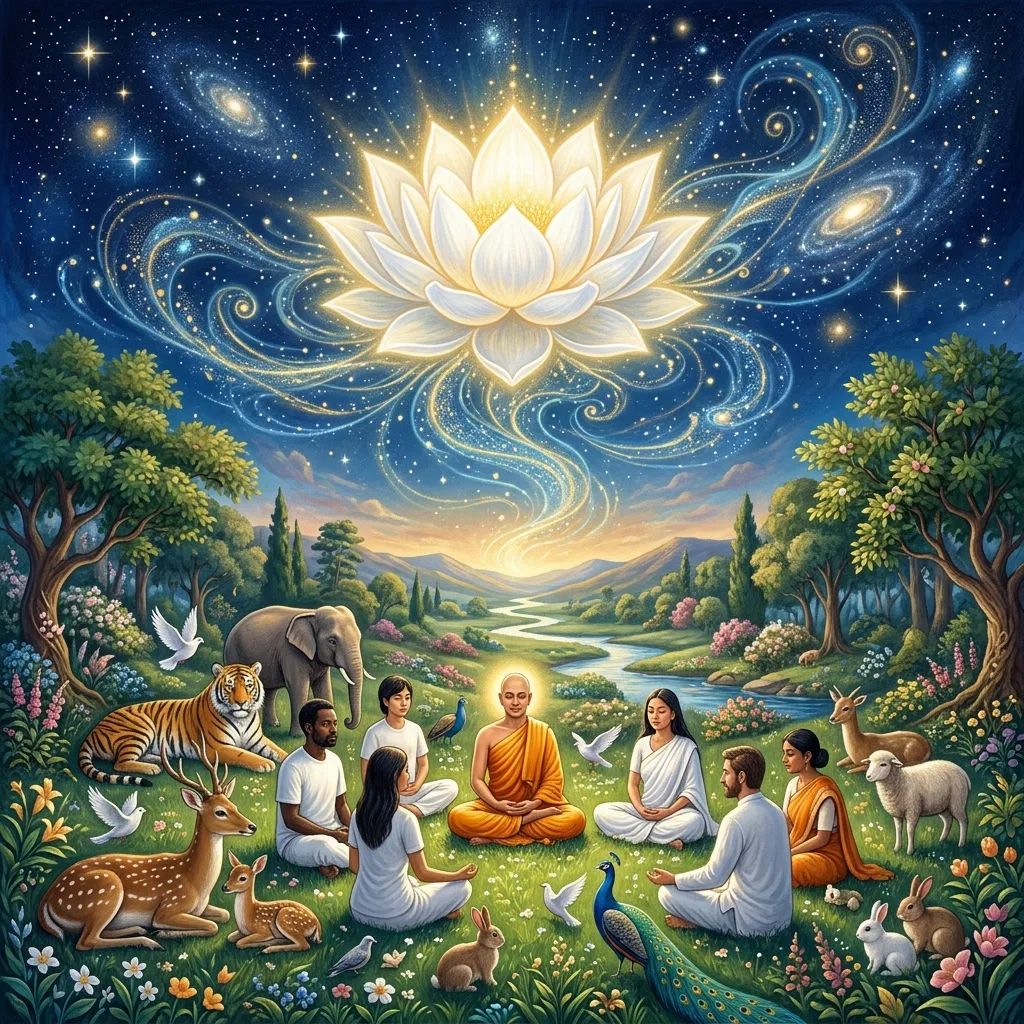 In the visual tradition of Ananda Marga spiritual movement, a breathtaking illustration of Neohumanism. A massive, glowing white lotus floats in the sky above a serene landscape where humans of all ethnicities, animals, and birds coexist in perfect harmony and safety. A monk in saffron robes and laypeople in white sit in meditation on the grass. Deep blue cosmos and golden cosmic light envelop the entire ecosystem. The atmosphere is scientific yet deeply spiritual. Сonveying deep awareness and metaphysical presence.