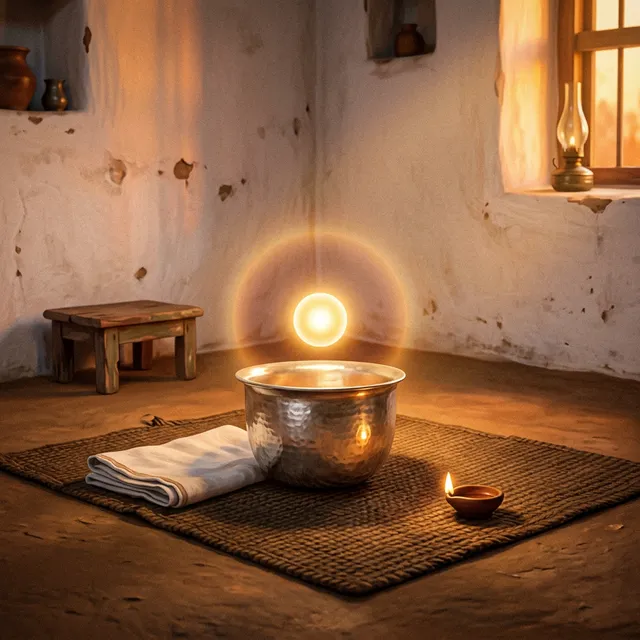 In the visual tradition of Ananda Marga spiritual movement. A subtle, symbolic illustration representing the concept of a 'Old Soul' (Burha) taking birth. Instead of focusing on a physical human baby, the scene shows a close-up of a traditional Indian silver cup sitting on a simple jute mat in a warmly lit, whitewashed room of a 1920s Indian home. Next to the cup is a white cotton cloth. Hovering gently just above the cup is a small, pristine, warm golden-white glowing orb of light representing the awakened consciousness of the newborn Baba, emanating a soft, wise, and compassionate light. No human depiction of Baba. The lighting is intimate, with warm golden and saffron tones, conveying deep awareness and metaphysical presence.