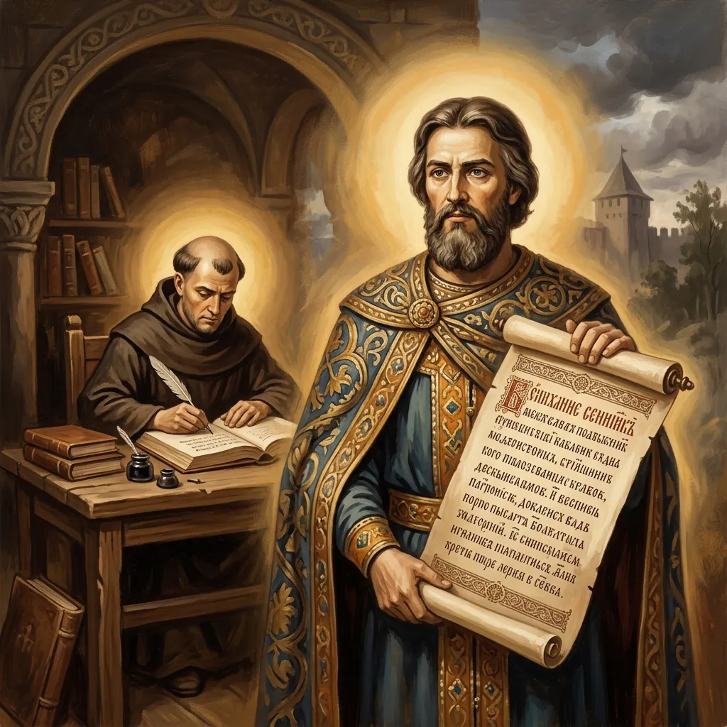 In the visual tradition of Ananda Marga spiritual movement, a spiritually motivated leader protecting an ancient culture. A wise ruler stands resolute, holding a scroll of literature, while a monk behind him writes ancient scripts. A warm, protective golden aura surrounds them against a backdrop of dark, distant storm clouds. The scene uses deep blues, gold, and sepia to reflect historical preservation and spiritual foresight. The atmosphere is scientific yet deeply spiritual. Сonveying deep awareness and metaphysical presence.