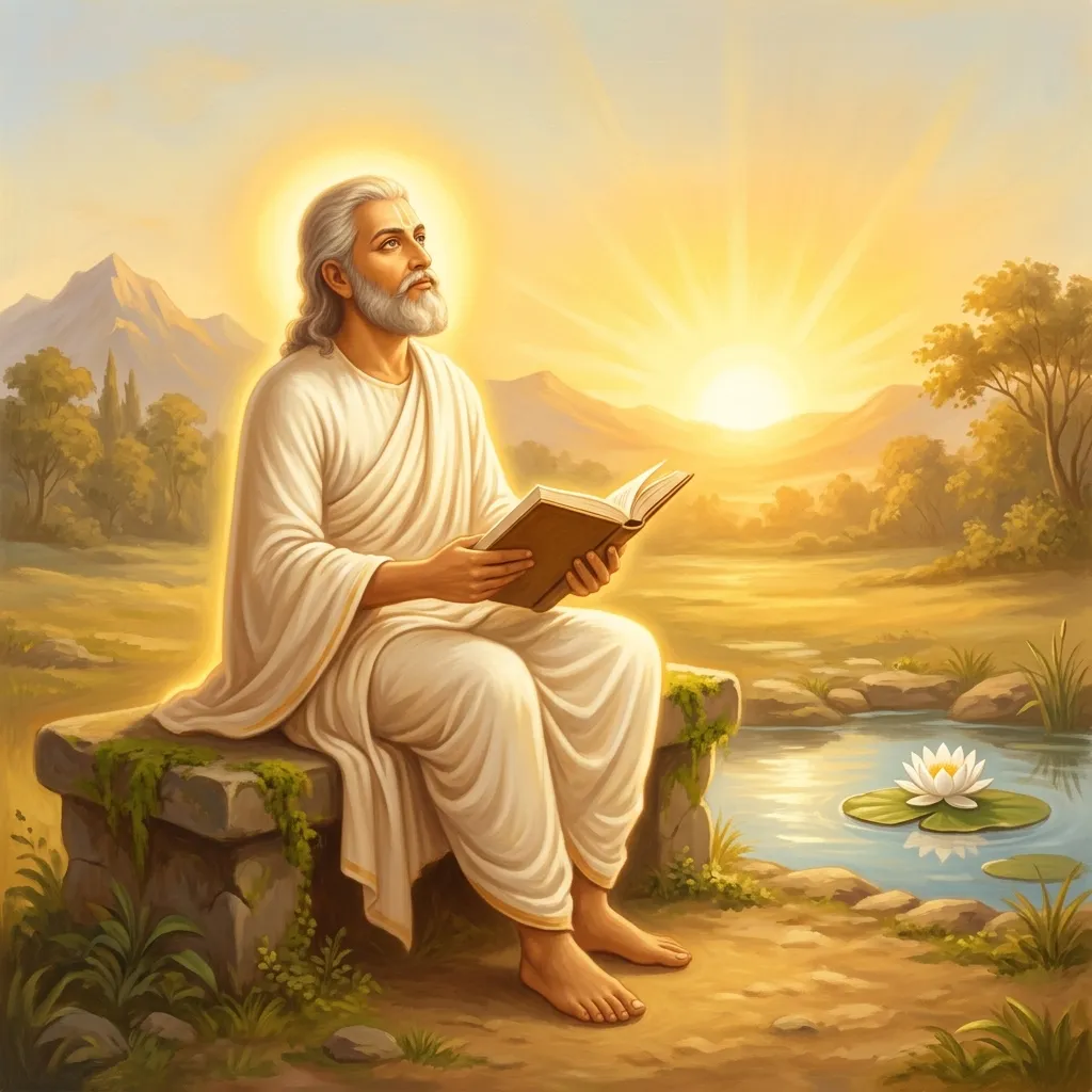 In the visual tradition of Ananda Marga spiritual movement, an allegorical scene of the philosopher-king. An ancient, wise ruler softly glowing with an aura of golden light, wearing simple white garments rather than heavy jewels, sits on a humble stone seat. He holds a book of wisdom and looks up towards a brilliant sunrise. The scene is illuminated in warm golden and saffron colors, conveying profound intellect and detachment from worldly desires. The atmosphere is scientific yet deeply spiritual. Сonveying deep awareness and metaphysical presence.