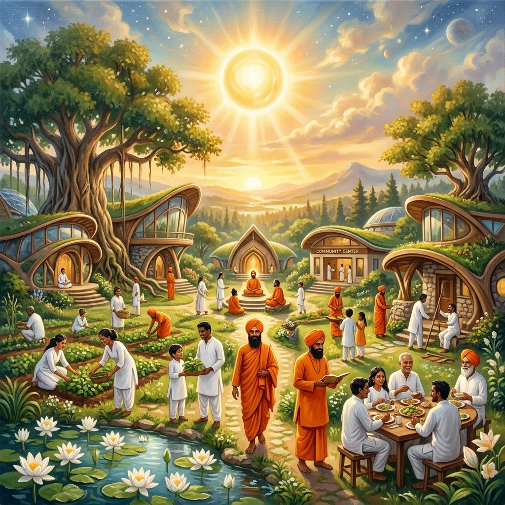 In the visual tradition of Ananda Marga spiritual movement, a grand synthesis of social progress. A beautiful, futuristic yet organic village where monks in saffron robes and diverse people in white clothing collaborate. Modern eco-friendly technologies blend seamlessly with ancient banyan trees and lotus ponds. A warm golden circular light in the sky watches over the perfectly balanced society. Saffron, pure white, and soft green palette. The atmosphere is scientific yet deeply spiritual. Сonveying deep awareness and metaphysical presence.