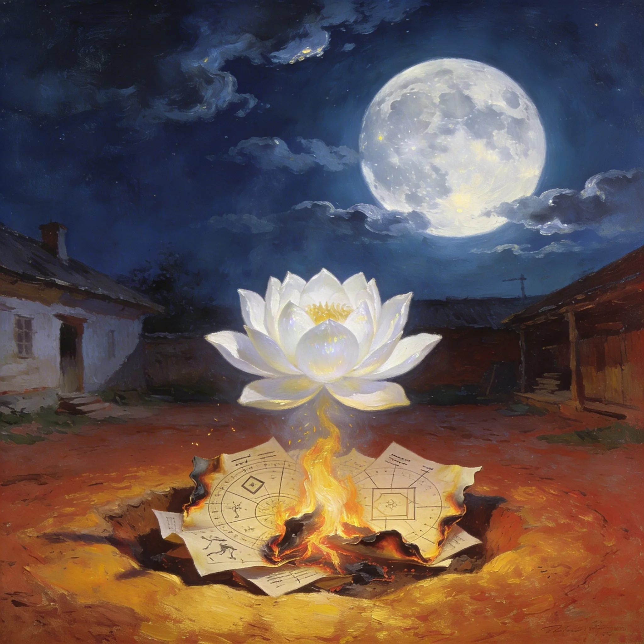 In the visual tradition of Ananda Marga spiritual movement. An illustration symbolizing the rejection of personality cults and a focus on pure spiritual ideology. In the center of a rustic, earthy courtyard with red laterite soil, a small, bright fire burns, consuming pieces of an astrological chart (horoscope). Rising from the warm flames is a beautiful, pure white lotus flower in full bloom, symbolizing the timeless ethical principles of Yama and Niyama. Above the lotus shines a detailed, luminous full moon, casting a soft, ethereal glow and representing the eternal mission and spiritual presence. Saffron and gold tones dominate the foreground, contrasting with the deep blue night sky in the background. The feeling is grounded, ethical, and liberating. No human depiction of Baba. No photographs.