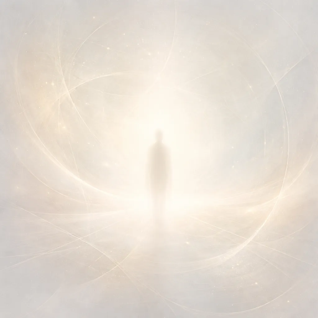 Квадратное, чрезвычайно минималистичное и воздушное fine-art изображение, запечатлевшее пространство, почти полностью заполненное мягким, рассеянным светом и густым, всепоглощающим туманом. В самом центре, едва уловимый, призрачный силуэт человека, который настолько растворен в окружающей дымке, что его очертания почти неразличимы, представляя собой лишь тонкое изменение плотности света и тумана. Фигура стоит неподвижно, спиной к зрителю, обращенная к безграничному пространству, полностью погруженную в молочно-белую и бледно-серую пелену. Сквозь этот густой туман и вокруг едва заметной фигуры вьются тончайшие, едва видимые, ритмичные структуры, деликатные линии и повторяющиеся геометрические узоры, напоминающие космические циклы и абстрактные сети, которые плавно исчезают в тумане. Свет мягко льется сквозь это пространство, создавая плавные градиенты от кремового до приглушенного лавандового и misty-серых тонов, устраняя видимые границы и подчеркивая ощущение скрытой глубины в простоте. Композиция центрирована и проста, сосредоточена на едва уловимой фигуре в бескрайней пустоте. Атмосфера глубоко созерцательная, медитативная, почти безмолвная, передающая ощущение бесконечности и взаимосвязи всего сущего, скрытого за обыденной формой, но не проявленного напрямую. Камера сфокусирована мягко, с тонким зерном пленки, подчеркивающим художественный и философский стиль.