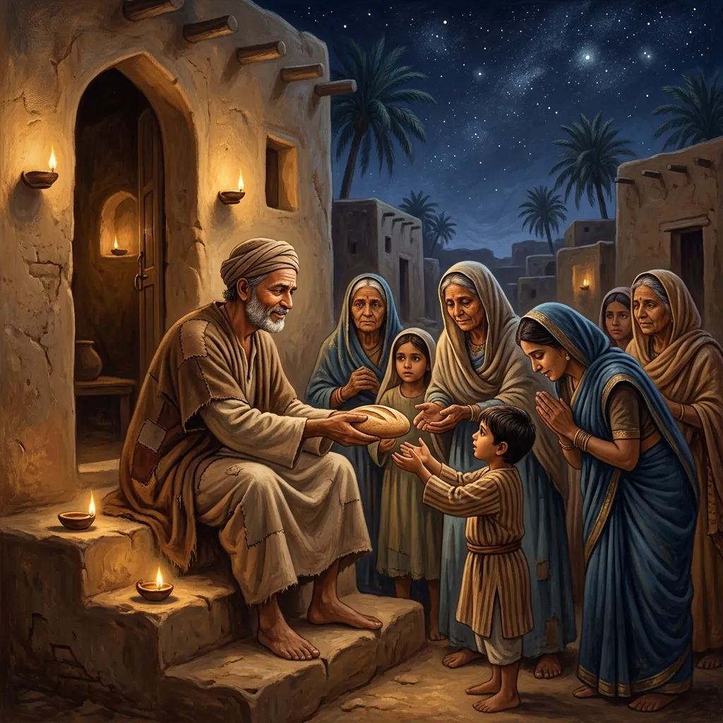 In the visual tradition of Ananda Marga spiritual movement, an homage to ascetic leadership and social justice. A modest ruler in very simple, patched desert clothing sits on the steps of a simple mud-brick building under a deep indigo night sky, distributing bread to widows and orphans. A warm, golden light illuminates the act of charity, emphasizing extreme humility and immense power used for the poor. The atmosphere is scientific yet deeply spiritual. Сonveying deep awareness and metaphysical presence.