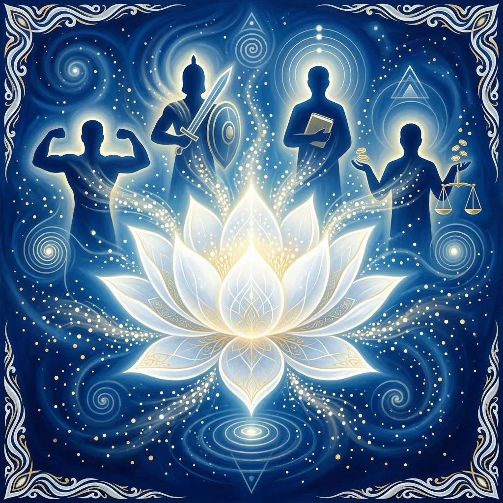 In the visual tradition of Ananda Marga spiritual movement, a symbolic representation of a Sadvipra's all-around development. A radiant, pure white lotus in full bloom stands in the center, representing the pure, colorful synthesis of all human classes. In the background, four abstract silhouetted figures (a worker, a warrior, an intellectual, a merchant) are harmonized and bathed in the lotus's glowing light. Deep blue background with gold and white light. The atmosphere is scientific yet deeply spiritual. Сonveying deep awareness and metaphysical presence.