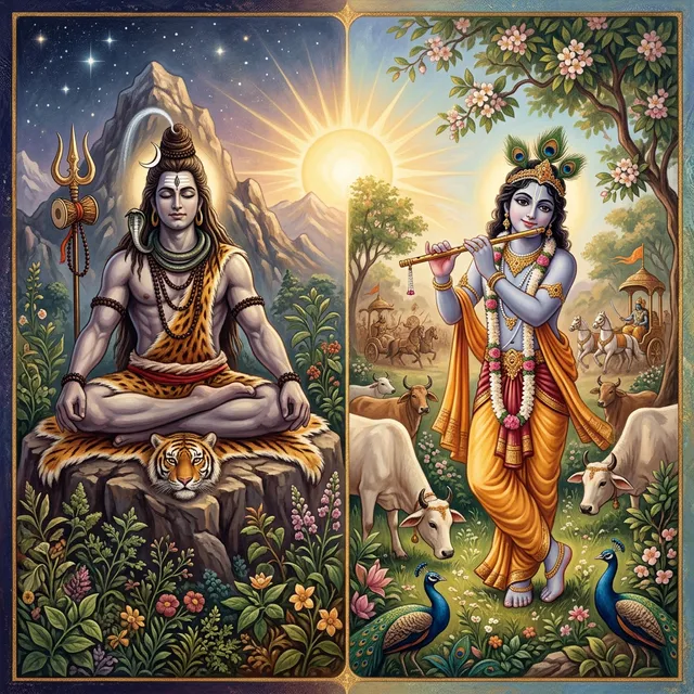 In the visual tradition of Ananda Marga spiritual movement. A dual-panel illustration. Left panel: an ancient, powerful scene of Lord Shiva as a historical figure — a muscular ascetic yogi with matted hair, sitting in deep meditation on a Himalayan rock, a crescent moon above, a small drum (damaru) and trident beside him, surrounded by herbs and medicinal plants (representing his gift of Ayurveda). Right panel: Lord Krishna as a youthful figure playing a bamboo flute in a pastoral landscape with cows and flowering trees (Vraja Krishna), while behind him faintly appears a chariot on a battlefield (Parthasarathi Krishna). Between both panels, a radiant rising sun connects them. No photographs. Color palette: deep indigo, saffron, gold, soft green, warm earth tones. Mythological yet historically grounded, highly detailed, illustrative painterly style.