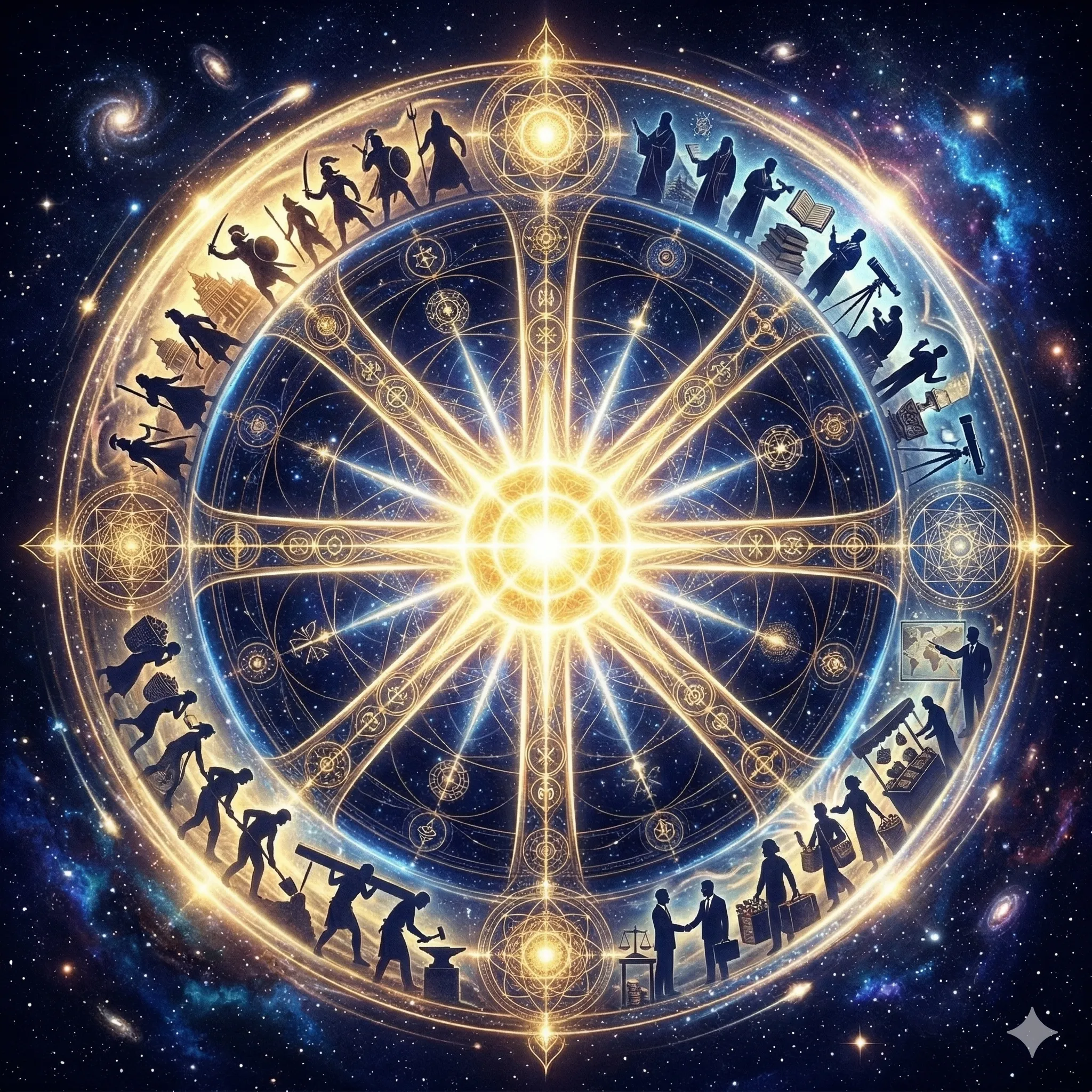 In the visual tradition of Ananda Marga spiritual movement, a grand cosmic wheel slowly turning in the sky. At the very center or hub of the wheel, a blindingly bright golden-white glowing orb of light radiates immense energy, representing the Sadvipras at the nucleus of society. The outer rim of the wheel shows silhouettes of different historical eras transforming. Deep indigo space background with vibrant gold and white cosmic light. The atmosphere is scientific yet deeply spiritual. Сonveying deep awareness and metaphysical presence.