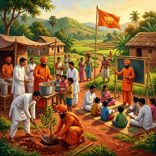 In the visual tradition of Ananda Marga social service (AMURT/ERAWS). A group of Ananda Marga monks in saffron-orange robes and orange turbans working alongside lay followers (margiis) dressed in simple white kurta-pajamas. They are engaged in hands-on community work in a rural Indian village — planting saplings, distributing food to children, and teaching in an open-air classroom. The landscape features rolling green hills of the Rarh region of Bengal, red laterite soil paths, tropical vegetation. A saffron flag bearing a golden lotus emblem flutters on a simple bamboo pole. Golden-hour sunlight, warm and optimistic atmosphere. No photographs or portraits anywhere. Color palette: saffron orange, white, soft green, warm earth tones, golden light. Compassionate, hands-on, community-driven. Highly detailed, dynamic composition, illustrative painterly style.
