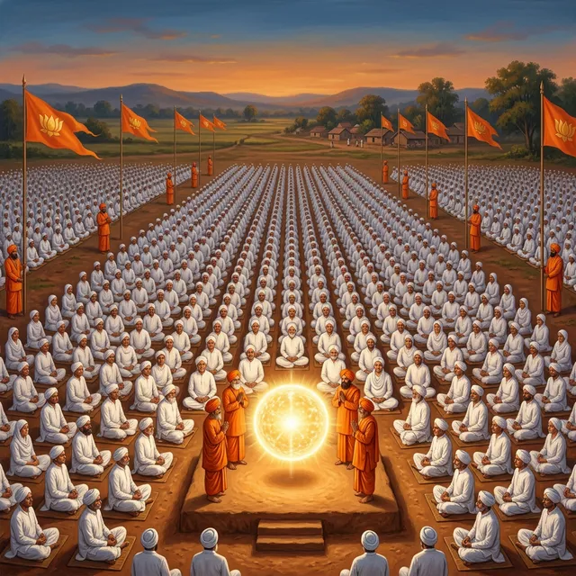 In the visual tradition of Ananda Marga spiritual movement, 1970s-1980s era. A vast outdoor gathering (Dharma Mahacakra) viewed from an elevated angle. Thousands of devotees in white clothing sit cross-legged in orderly rows on open ground, meditating under a warm golden evening sky. At the front, on a simple raised platform, a radiant golden-white glowing sphere of light hovers — representing Baba's spiritual presence. Monks in saffron-orange robes and orange turbans stand along the perimeter. Saffron flags bearing golden lotus emblems flutter gently. No photographs or portraits anywhere. Warm, solemn, deeply spiritual atmosphere. Color palette: saffron, white, deep gold, warm earth tones, evening sky blues. Highly detailed, illustrative painterly style.