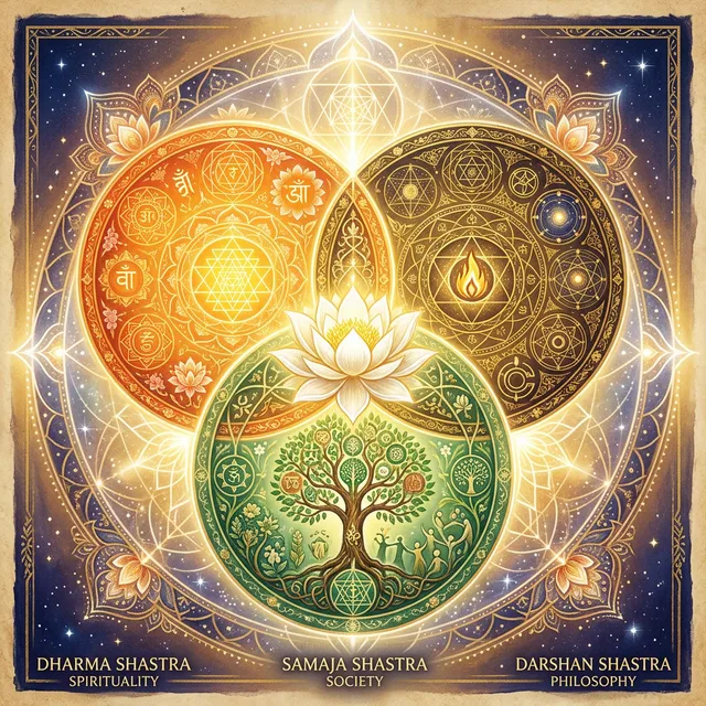 In the visual tradition of Ananda Marga spiritual movement. A sacred geometry mandala-like illustration representing the Trishastra (threefold scripture). Three interconnected circles arranged in a triangular formation: one glowing saffron-orange (Dharma Shastra — spirituality), one deep gold (Darshan Shastra — philosophy), one soft green (Samaja Shastra — society). At the center where all three overlap, a radiant white lotus in full bloom. The background is a warm, luminous gradient from deep indigo at the edges to golden-white at the center. No photographs, no Pratik symbol. Abstract, sacred, mandala-like composition. Color palette: saffron, gold, soft green, deep indigo, white. Highly detailed, illustrative painterly style.